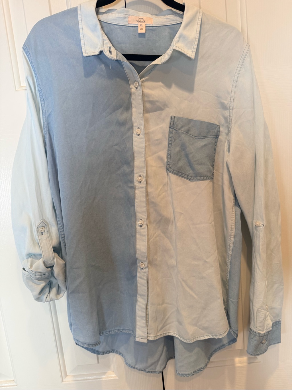 Light Blue Soft Denim Feel Two-Tone Button Down Shirt Casual Women’s Shirt